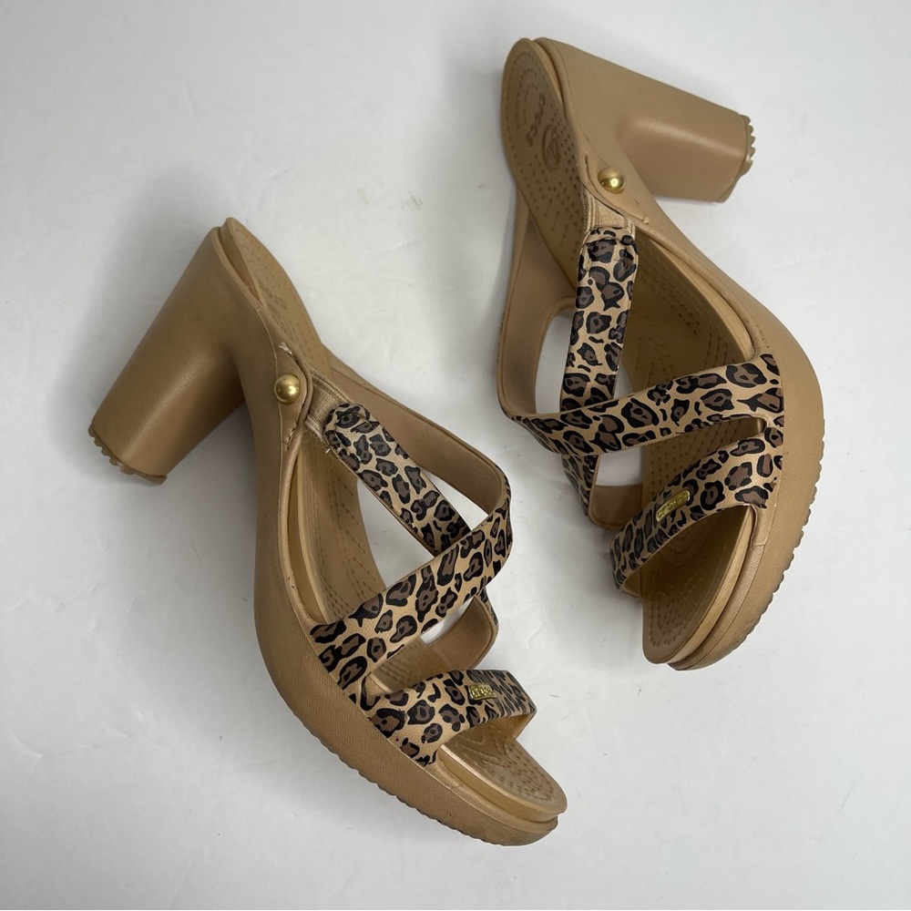 Crocs Cyprus IV Leopard Animal Print Heel Sandals Size 7 Tan Brown Rare Comfort - Picture 9 of 15